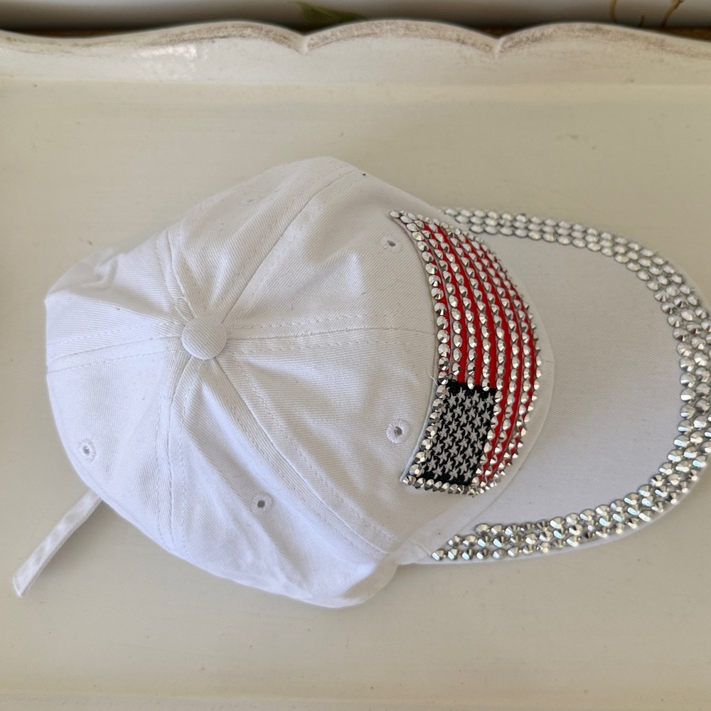 American Flag Studded Bling White Adjustable Baseball Hat - One Size - Picture 9 of 10